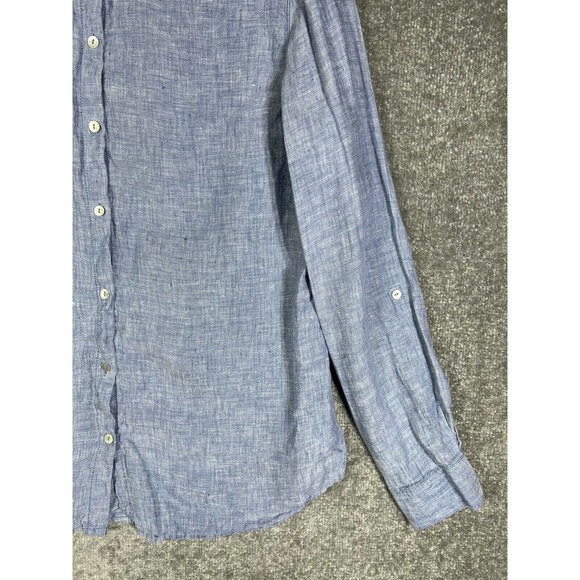 Sigrid Olsen Linen Button Up Shirt Womens Size Medium Blue Roll Tab Sleeve FLAW - Picture 8 of 16